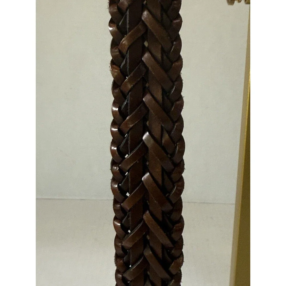 Braided Woven Leather Belt Nickel Tone‎ Brown Buckle Size L